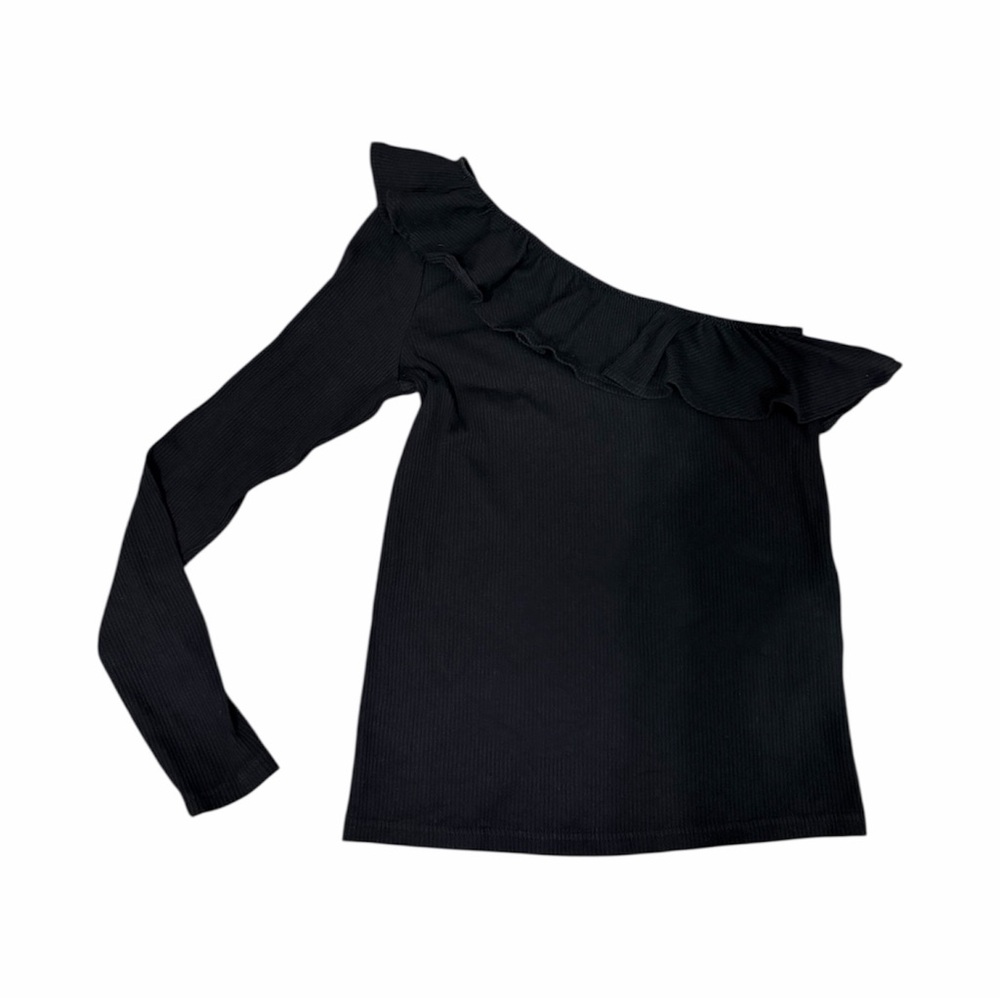 J Crew Asymmetrical Top Women’s Small Black Ribbed Ruffle Basic Romantic Dark